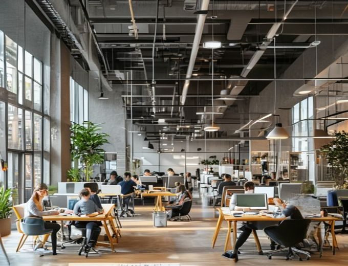 撸撸社官网上海总部办公室全景，宽敞明亮的开放式工位上员工们专注工作，墙面挂有品牌标语，整体氛围专业而富有活力