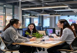撸撸社官网用户运营总监王雅琳与用户服务团队在开放式办公区讨论运营方案，气氛活跃，体现以用户为中心的服务文化