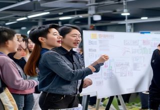撸撸社官网首席产品官刘晓彤在白板前手持马克笔讲解产品路线图，表情专注，周围是产品团队成员
